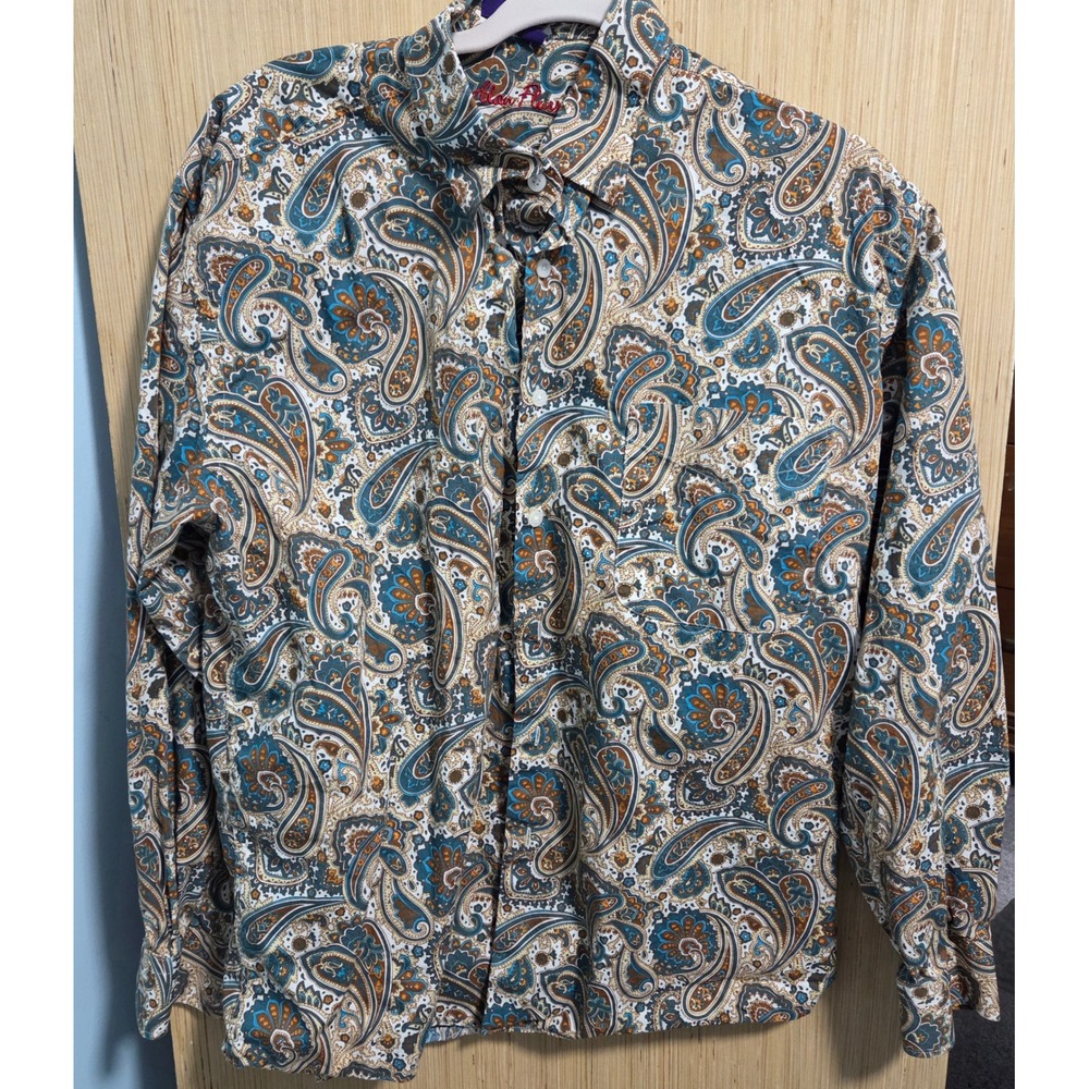 Alan Flusser Mens‎ Large Paisley Button Down Shirt Blue Brown 100% Cotton L/S